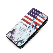 Load image into Gallery viewer, Premium USA US American Flag City Landmark Print PU Leather Zip Around Wallet