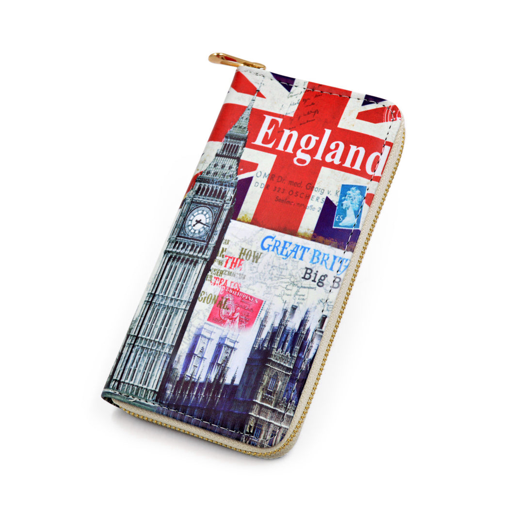 Premium British Union Jack Flag London City Print PU Leather Zip Around Wallet