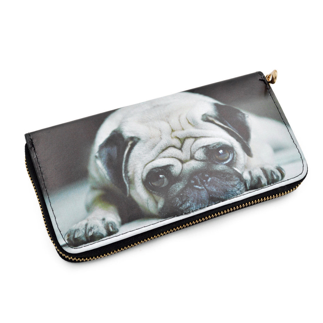 Premium Cute Pug Puppy Dog Animal Print PU Leather Zip Around Wallet