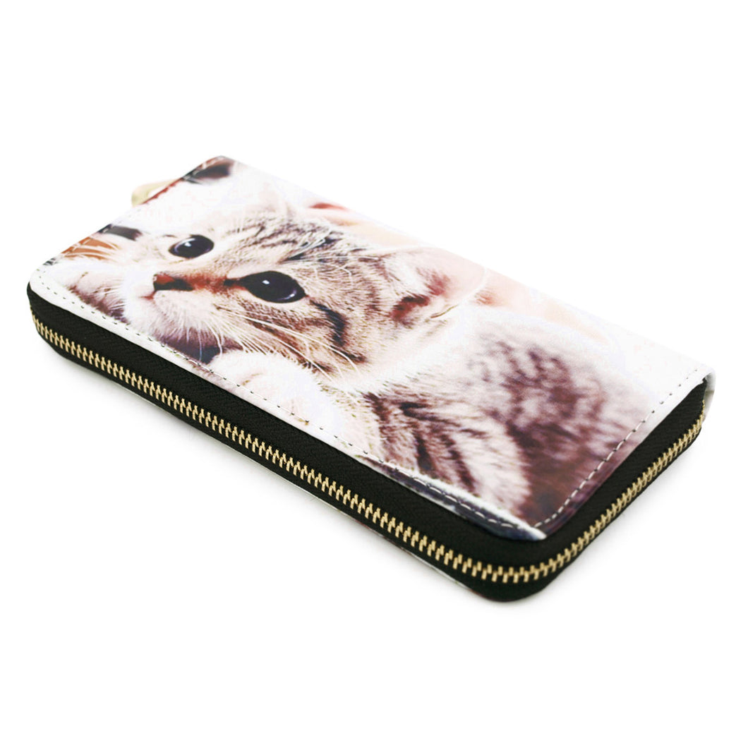 Premium Cute Brown Kitty Cat Animal Print PU Leather Zip Around Wallet