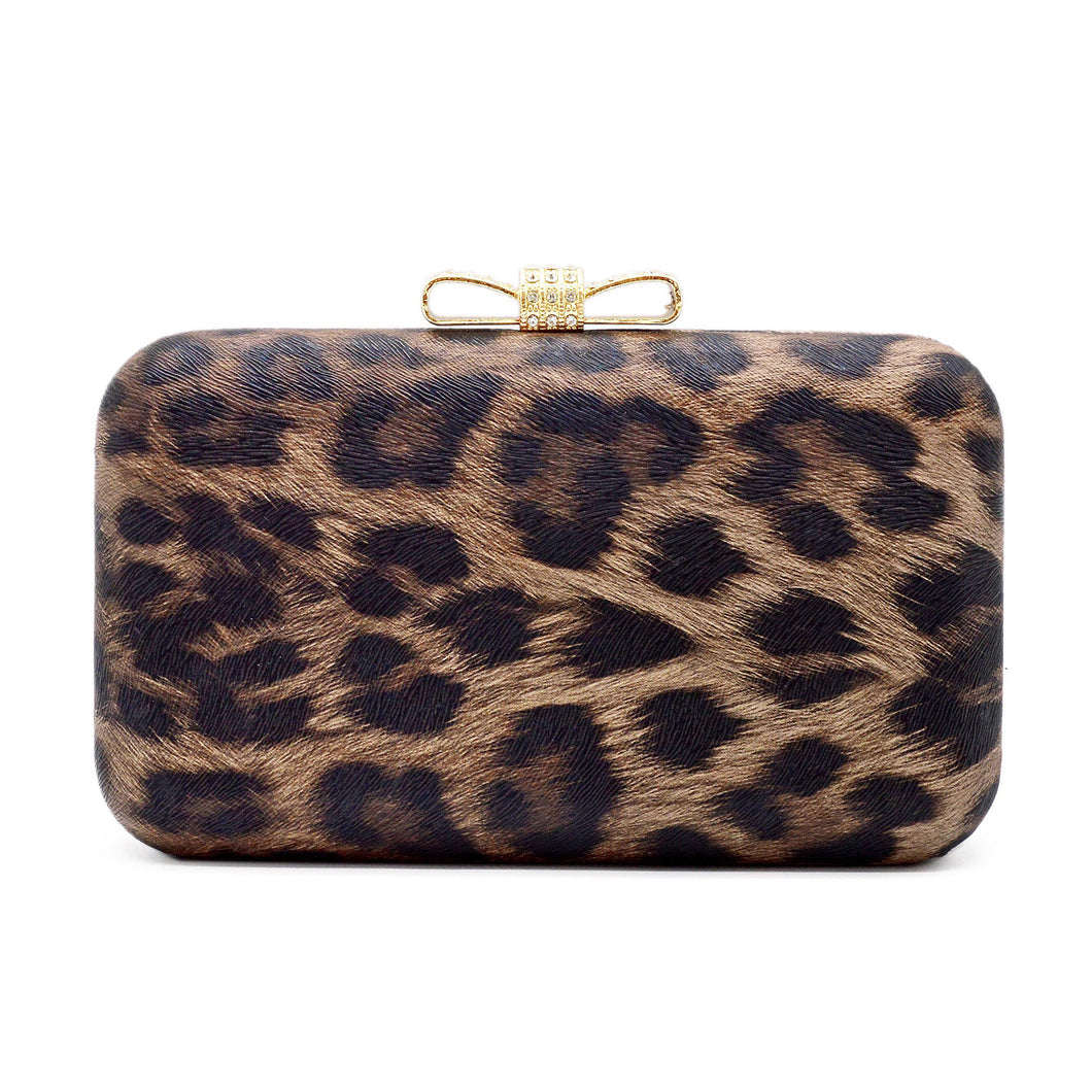 Elegant Leopard PU Leather Crystal Bow Top Hard Clutch Evening Bag Handbag