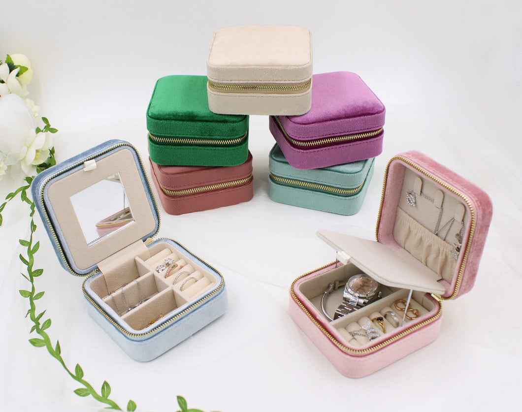 Italian Velvet Small Travel Jewelry Box Organizer Case Portable Storage