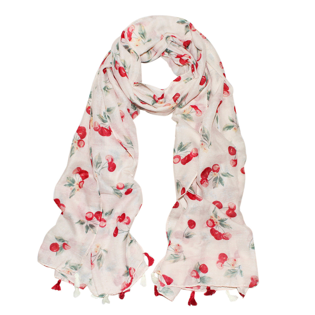 Premium Cherry Print Cotton Blend Tassel Scarf Wrap