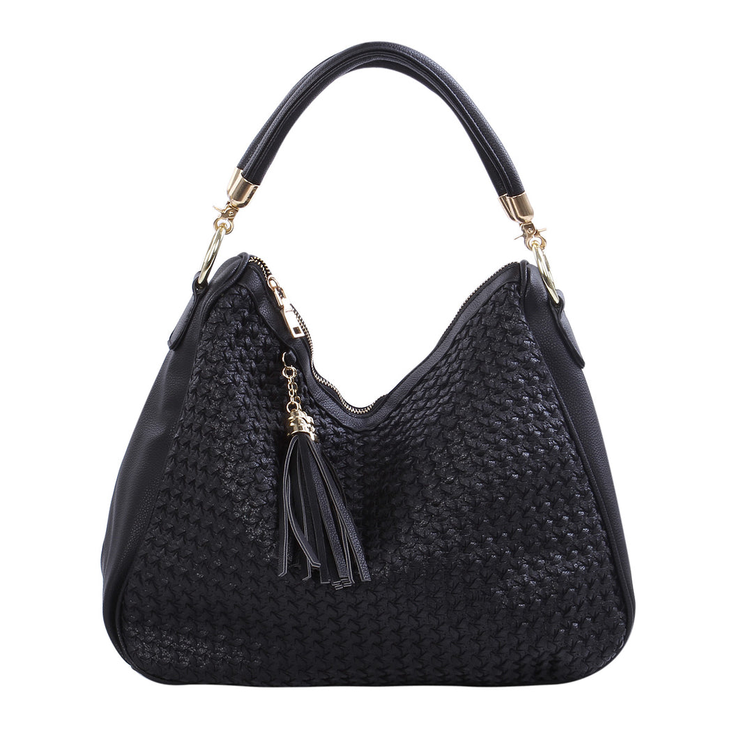 Premium PU Leather Double Tassel Interlace Braided Satchel Shoulder Bag Handbag