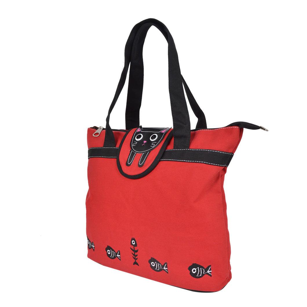 Premium Kitty Cat and Fishbone Canvas Tote Shoulder Bag Handbag - 2 Colors Avail
