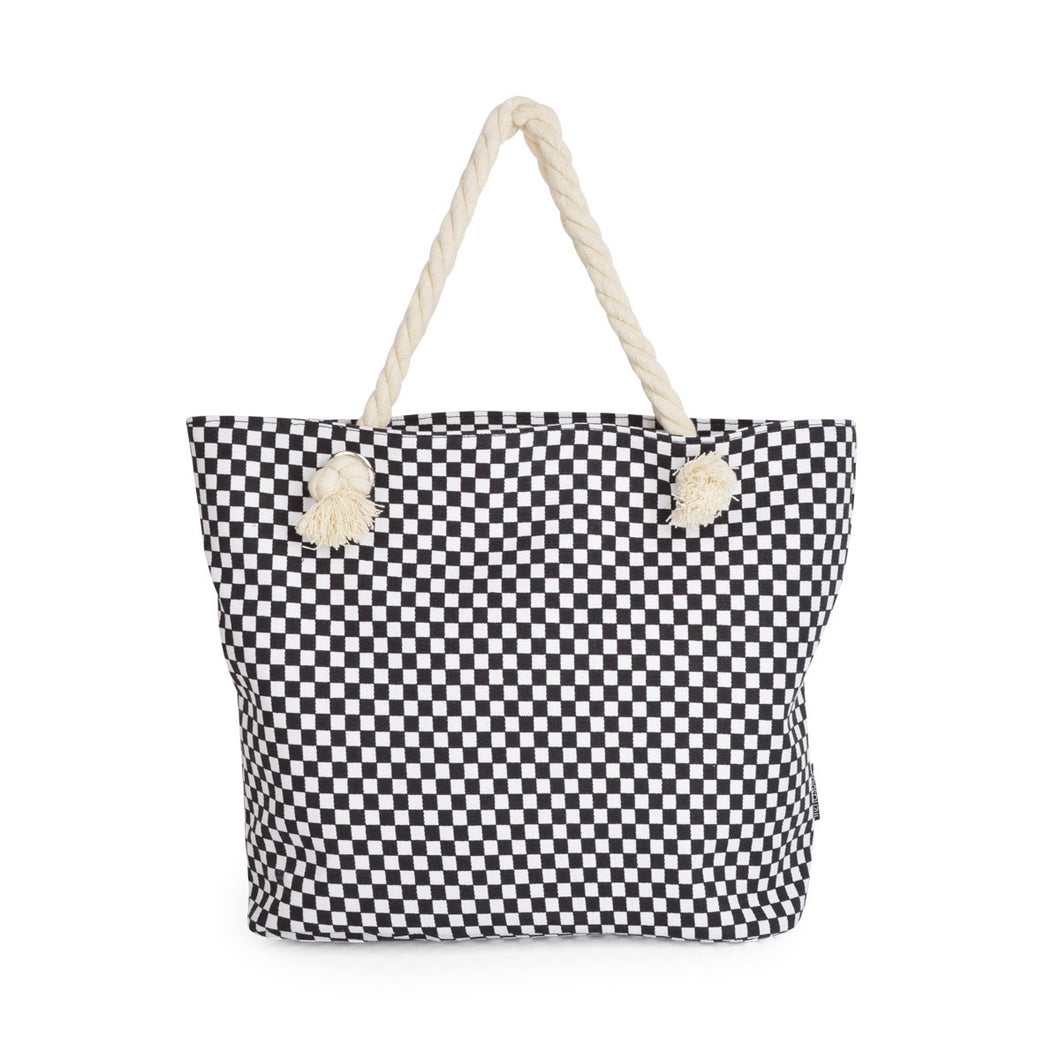 Premium Large Black & White Checkered Print Canvas Tote Shoulder Bag Handbag