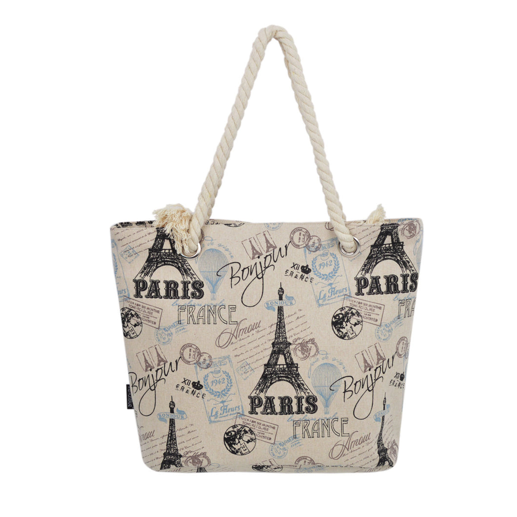 Premium Large Paris Eiffel Vintage Stamps Print Canvas Tote Shoulder Bag Handbag