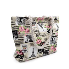 Load image into Gallery viewer, Paris Eiffel Tower Music Notes Floral Print Canvas Tote Shoulder Bag Handbag
