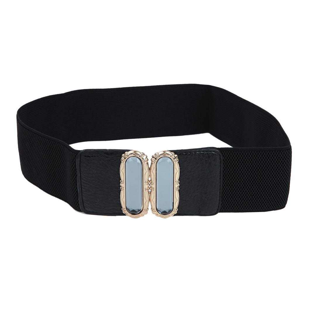 Premium Gold Medallion Crystal Buckle Wide Elastic Stretch Waist Belt Waistband