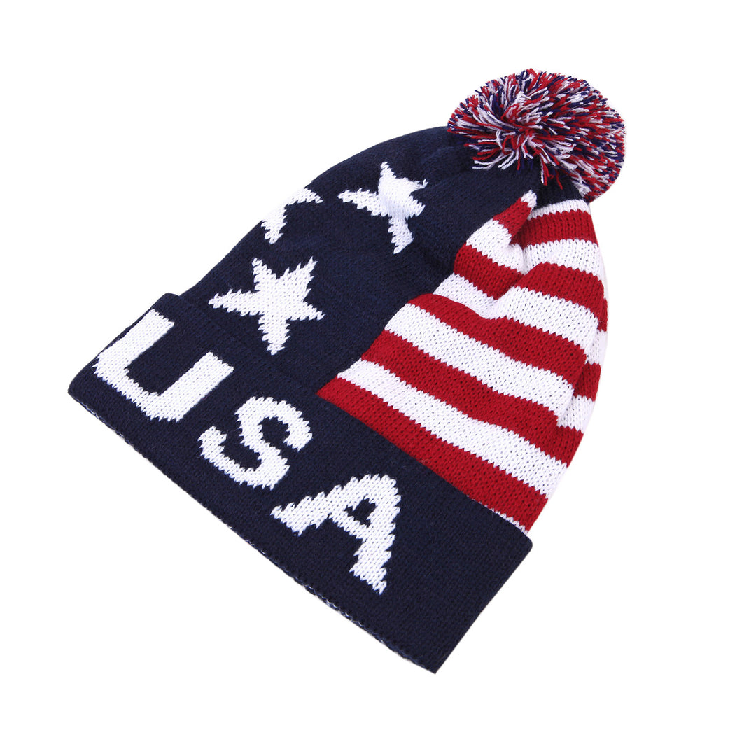 Premium Unisex Warm Knit USA American Flag Style Stripes Beanie Hat
