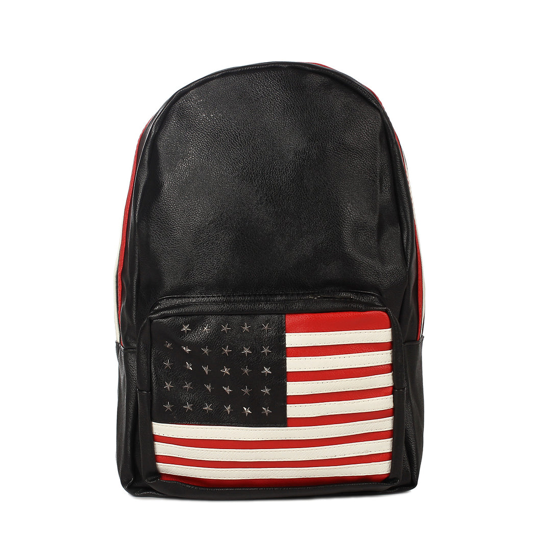 Premium US American Flag Studded Black PU Leather Backpack School Shoulder Bag