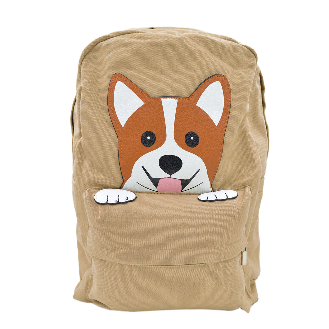 Premium Adorable Peeking Corgi Puppy Dog Canvas Backpack School Shoulder Bag