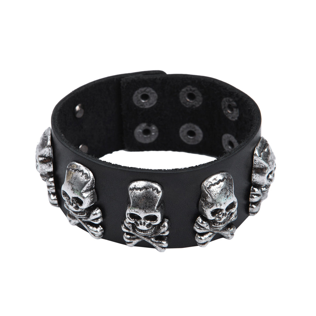 Premium Leather Vintage Pirate Skull Crossbones Studded Bracelet