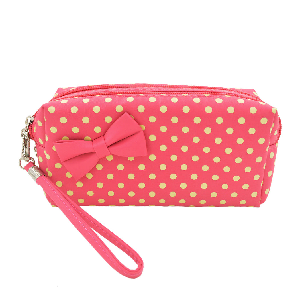 Premium Chic Small Polka Dot Bow Double Zip Wristlet Cosmetic Travel Makeup Bag