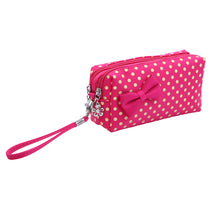Load image into Gallery viewer, Premium Chic Small Polka Dot Bow Double Zip Wristlet Cosmetic Travel Makeup Bag

