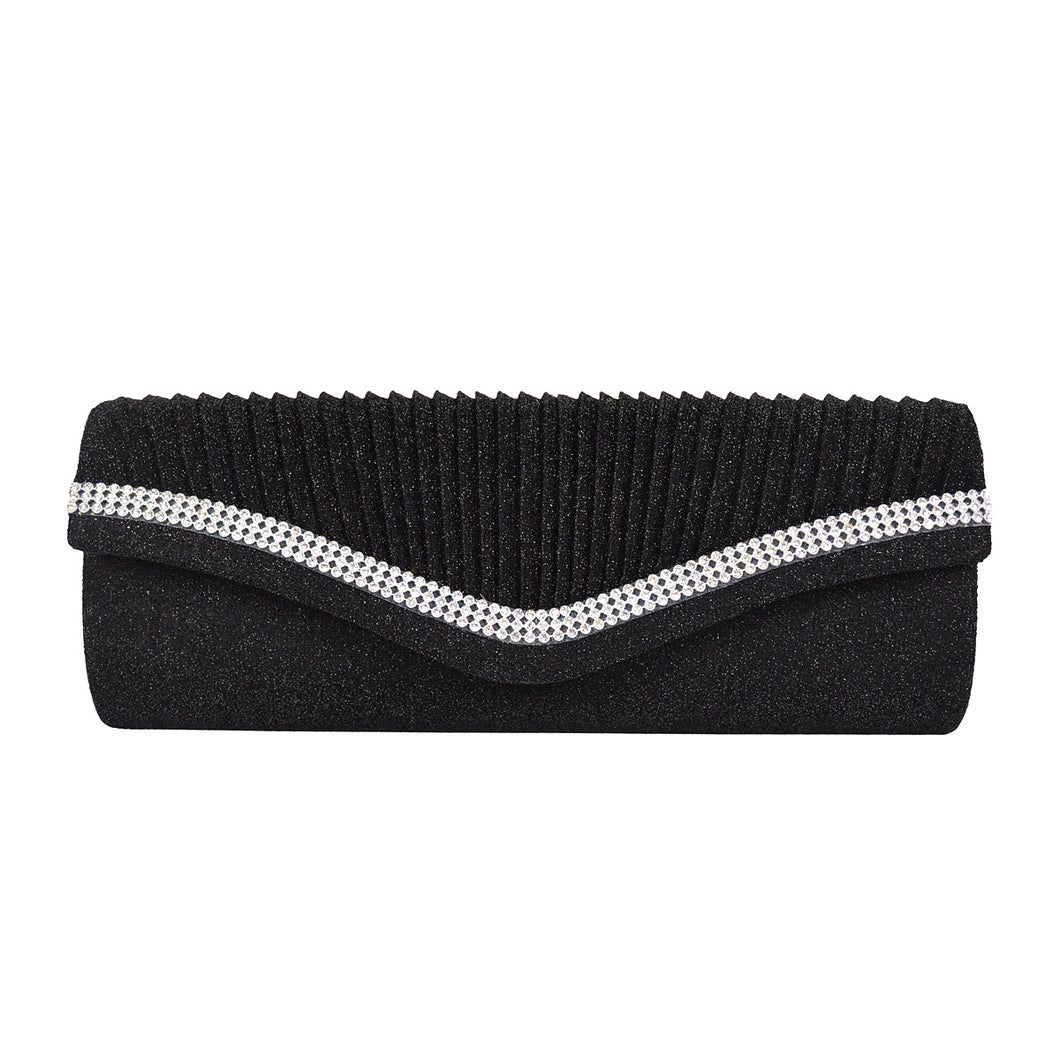 Elegant 2-Way Metallic Glitter Pleated Crystal Clutch Evening Bag