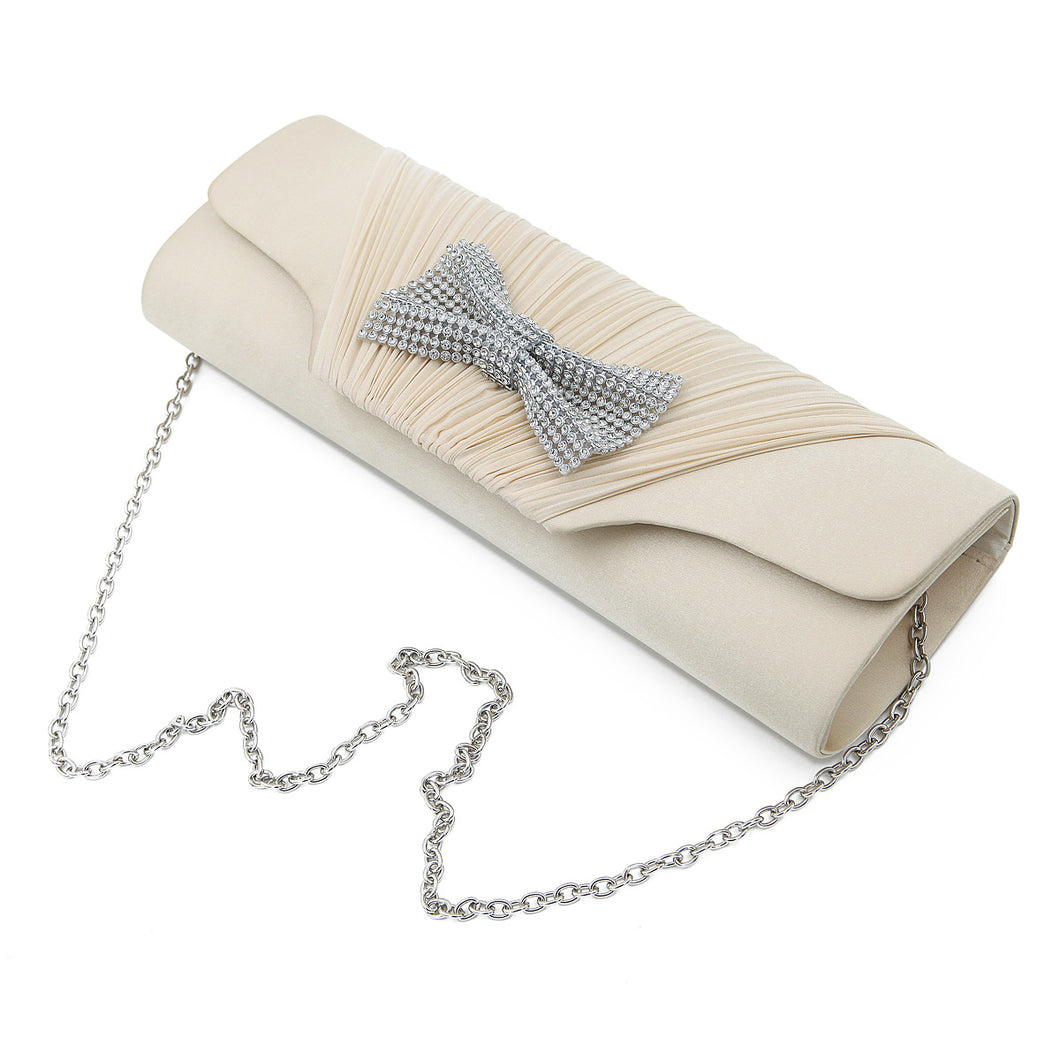 Elegant Pleated Satin Flap Rhinestones Bow Clutch Evening Bag