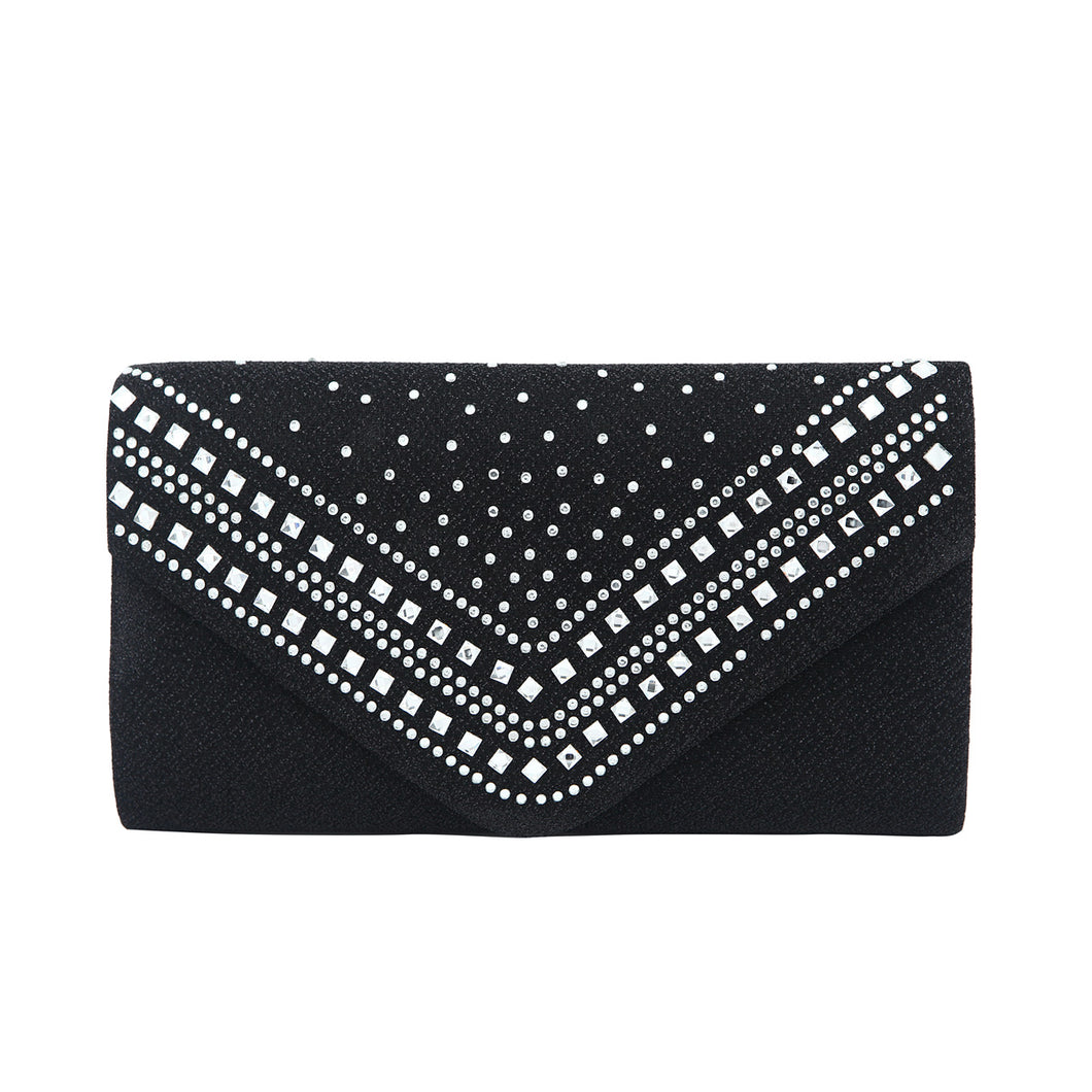 Premium Crystal Metallic Glitter Flap Clutch Evening Bag Handbag
