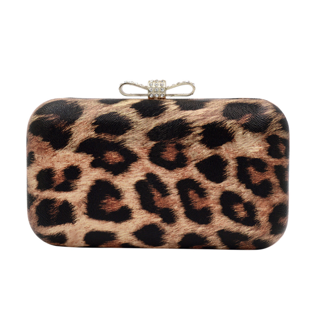 Elegant Leopard PU Leather Crystal Bow Top Hard Clutch Evening Bag Handbag
