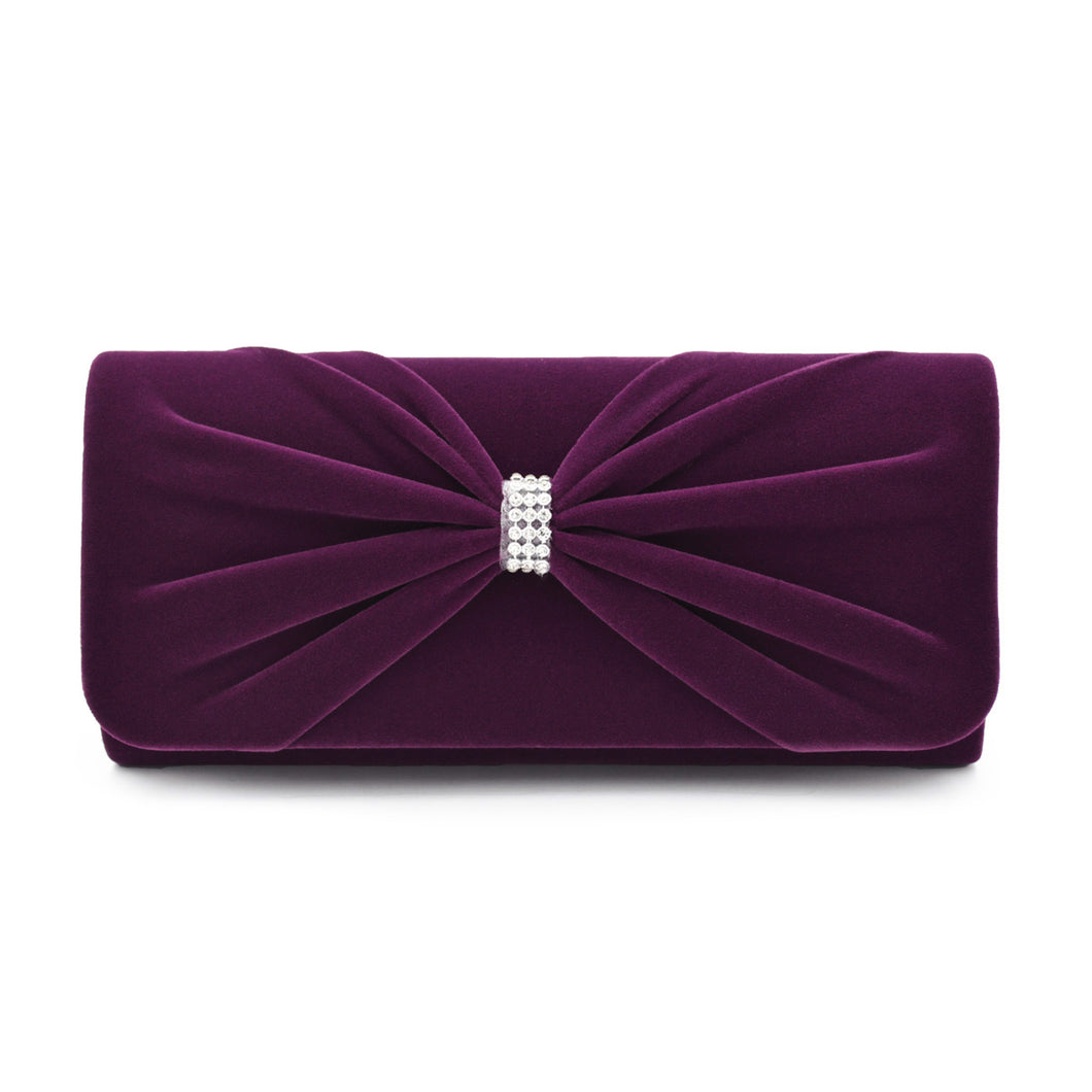 Elegant Rhinestone Bow Front Velvet Clutch Evening Bag Handbag -Diff Colors