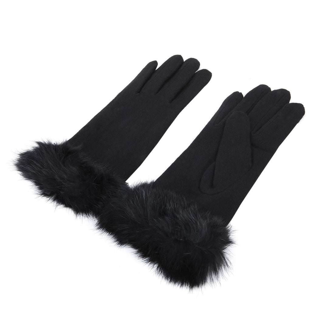 Elegant Women's Winter Thermal Wool Gloves with Rabbit Fur Trim