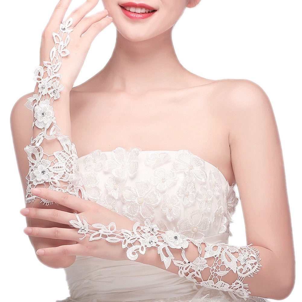 Premium Lace Floral Rhinestone Crystal Fingerless Wedding Party Bridal Gloves