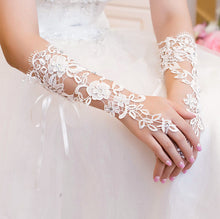 Load image into Gallery viewer, Premium Lace Floral Rhinestone Crystal Fingerless Wedding Party Bridal Gloves
