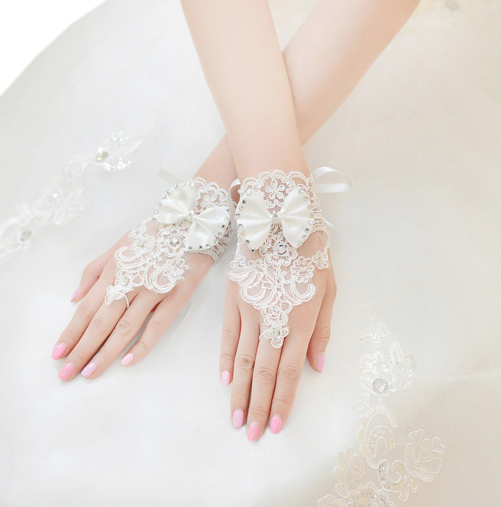 Short Lace Floral Rhinestone Bowknot Fingerless Wedding Party Bridal Gloves