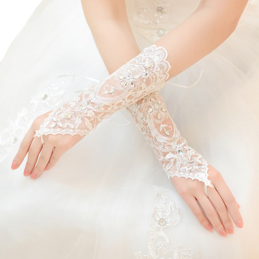 Premium Lace Floral Rhinestone & Sequin Fingerless Wedding Party Bridal Gloves