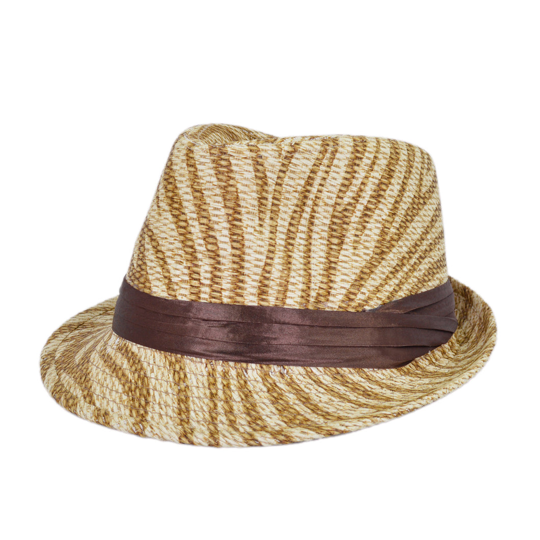 Zebra Print Satin Band Fedora Straw Hat