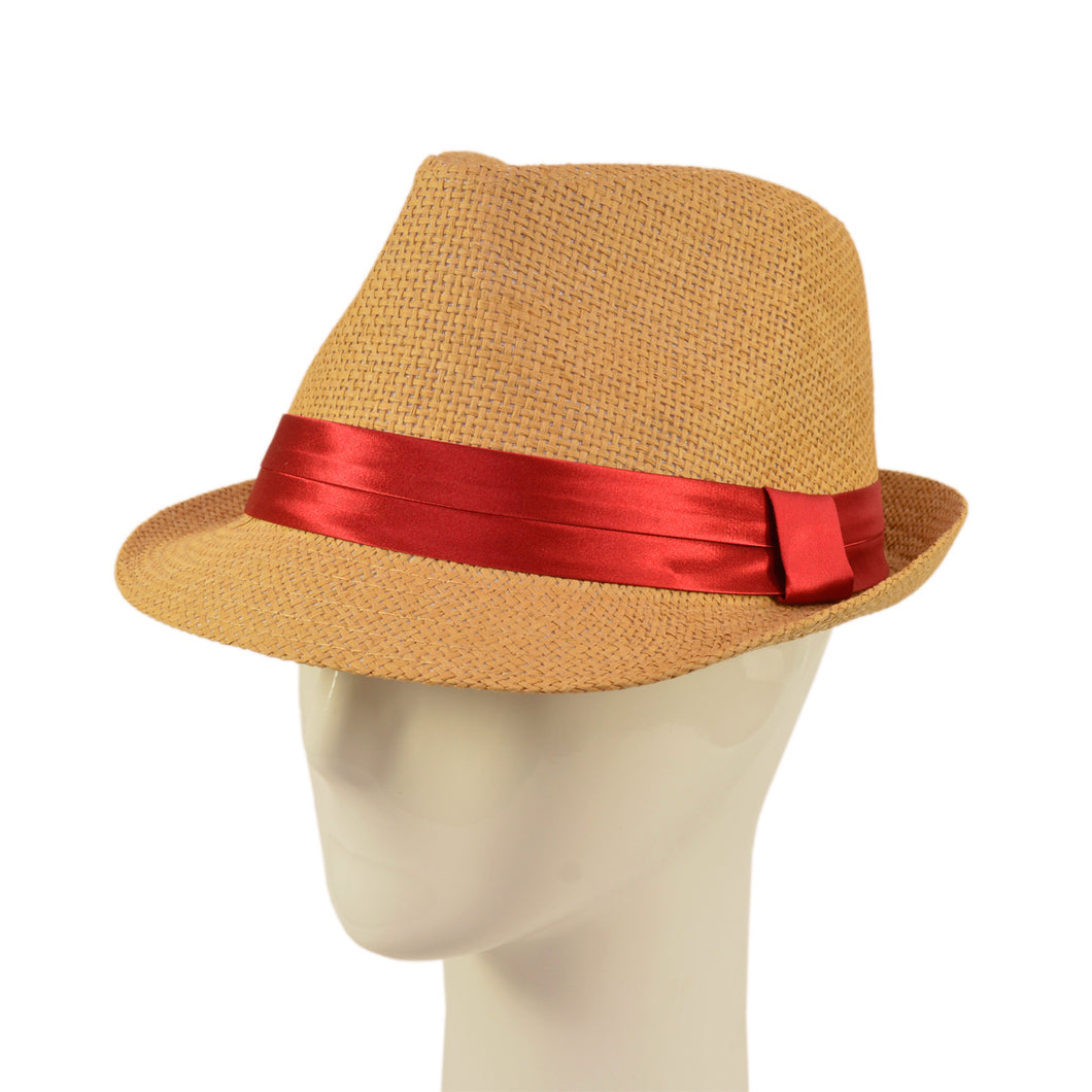 Classic Tan Fedora Straw Hat with Ribbon Band