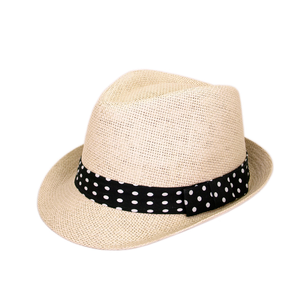 Women's Polka Dot Band Natural Fedora Straw Hat