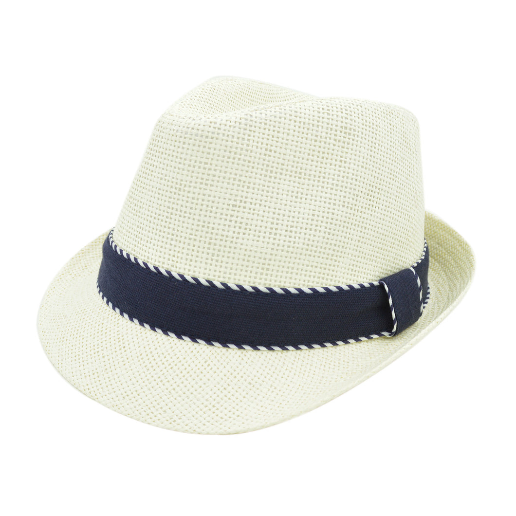 Premium Classic Fedora Straw Hat with Navy Striped Trim Band