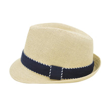 Load image into Gallery viewer, Premium Classic Fedora Straw Hat with Navy Striped Trim Band
