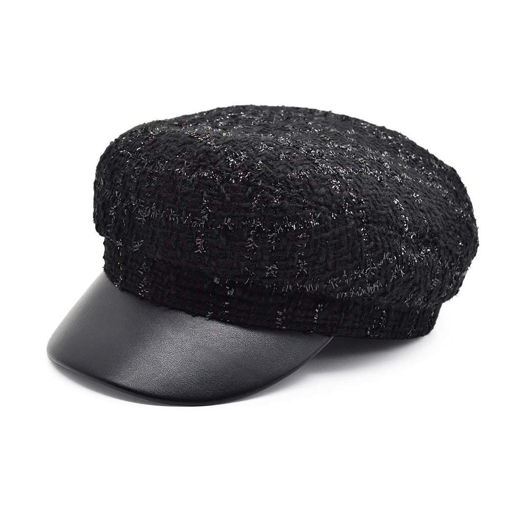 Women's Black Shimmering Tweed Plaid Newsboy Cap Gatsby Cabbie Hat