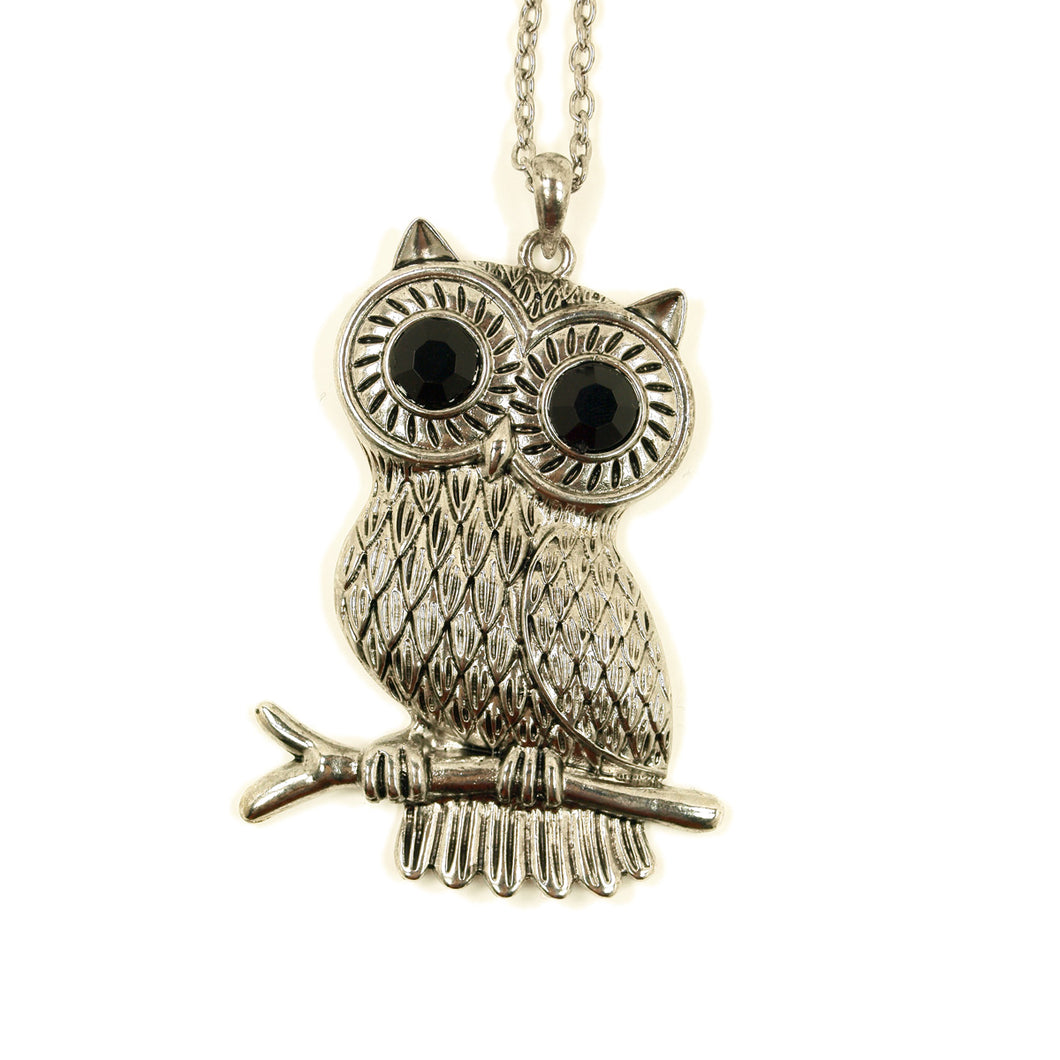 Silver Tone Big Eyed Owl Pendant Long Fashion Necklace