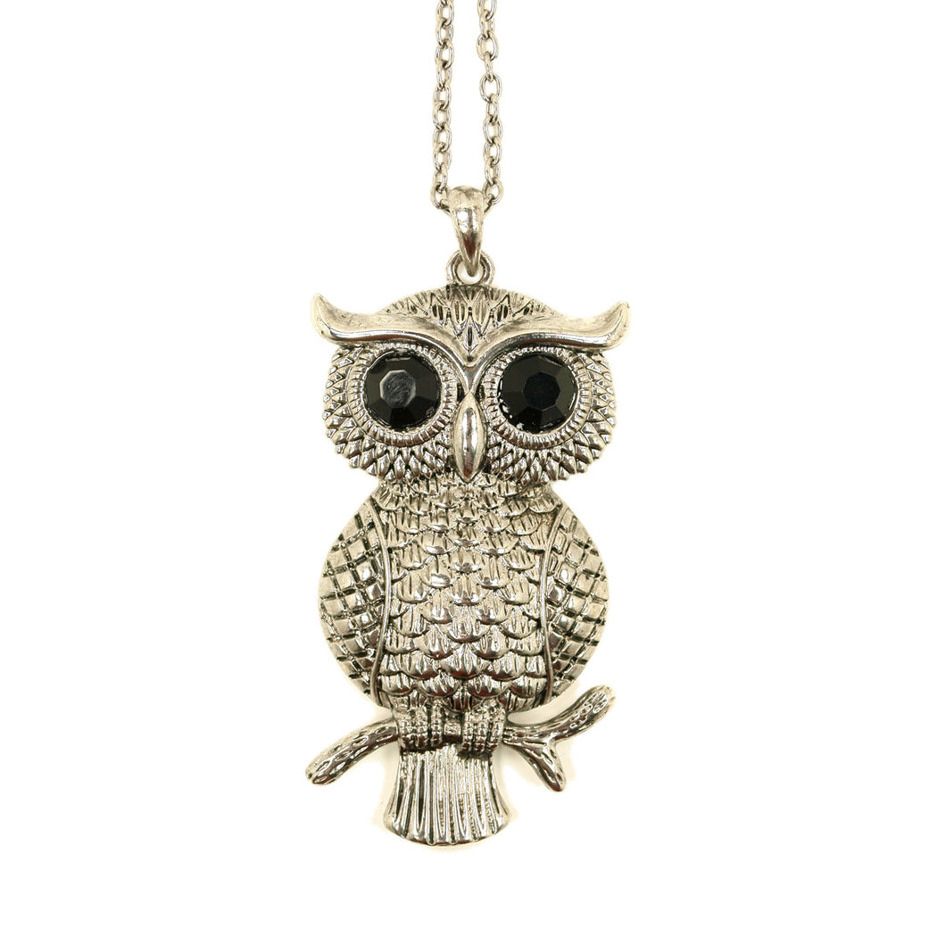 Silver Tone Owl Pendant Long Fashion Necklace