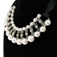 Load image into Gallery viewer, Elegant Pearl &amp; Rhinestones w-Satin Ribbon Bib Statement Necklace
