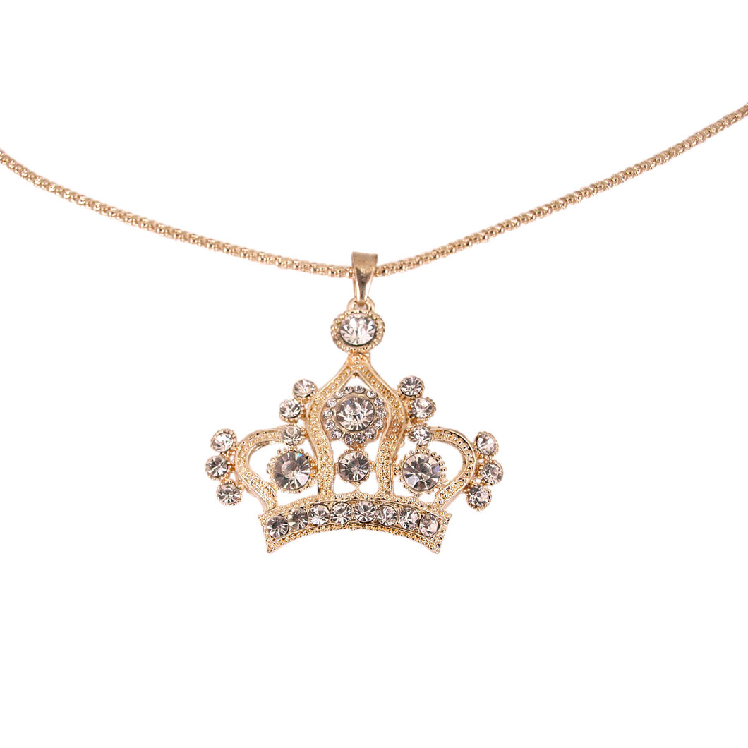 Elegant Gold Tone Crystal Rhinestone Crown Charm Pendant Long Necklace