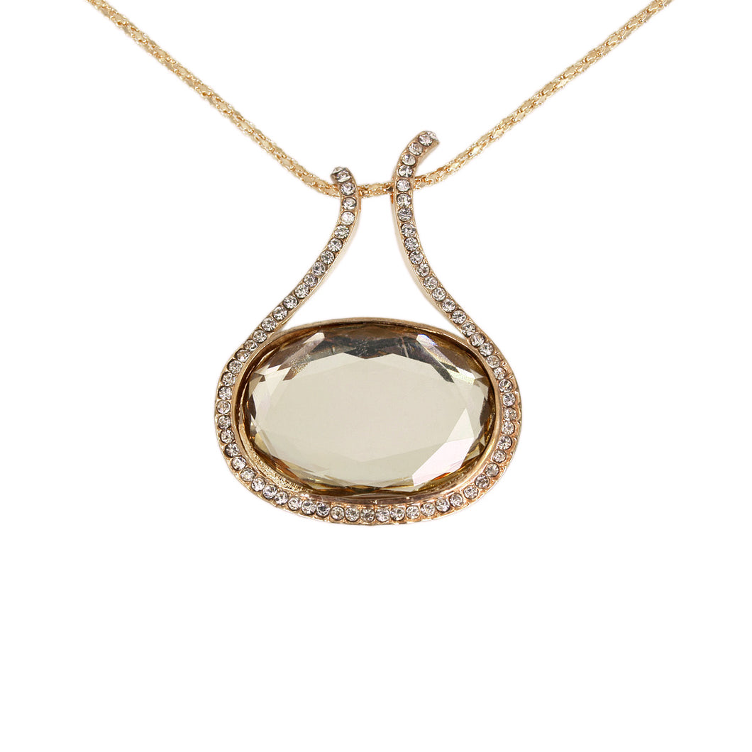 Elegant Brown Crystal Oval Medallion Charm Pendant Gold Tone Long Necklace