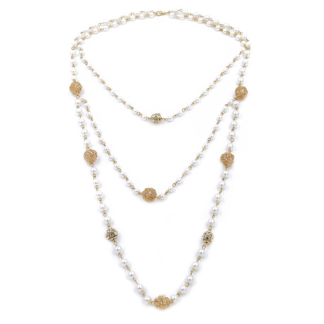 Elegant Gold Tone Simulated White Pearl & Rhinestone Long Layered Necklace