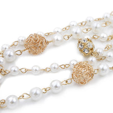 Load image into Gallery viewer, Elegant Gold Tone Simulated White Pearl &amp; Rhinestone Long Layered Necklace
