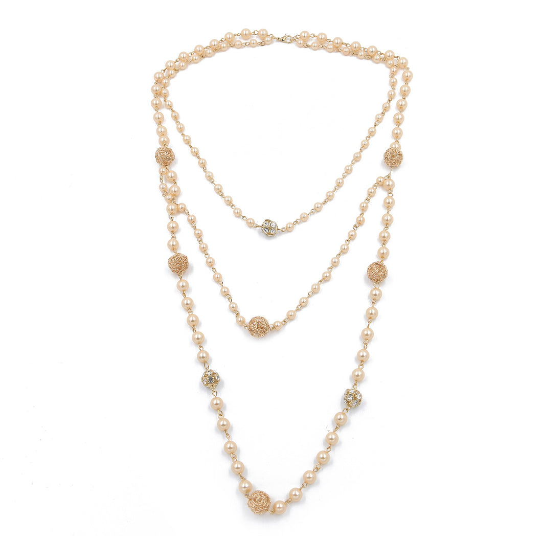 Elegant Gold Tone Simulated Pearl & Rhinestone Long Layered Fashion Necklace