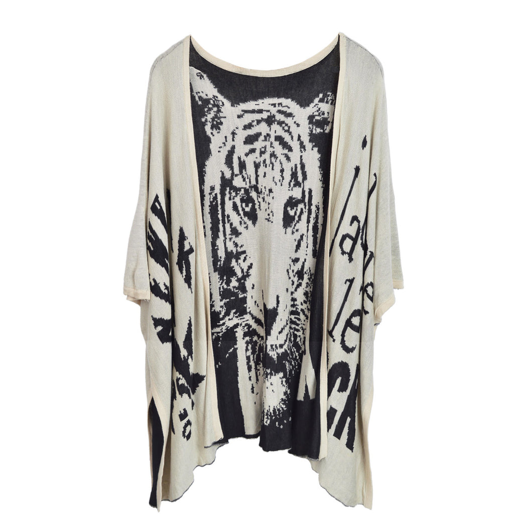 Premium Tiger Print Kimono Cardigan Blouse Poncho Sweater Top w- Buttons