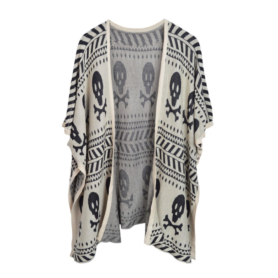 Premium Skull & Bones Geometric Print Kimono Cardigan Blouse Poncho Sweater Top