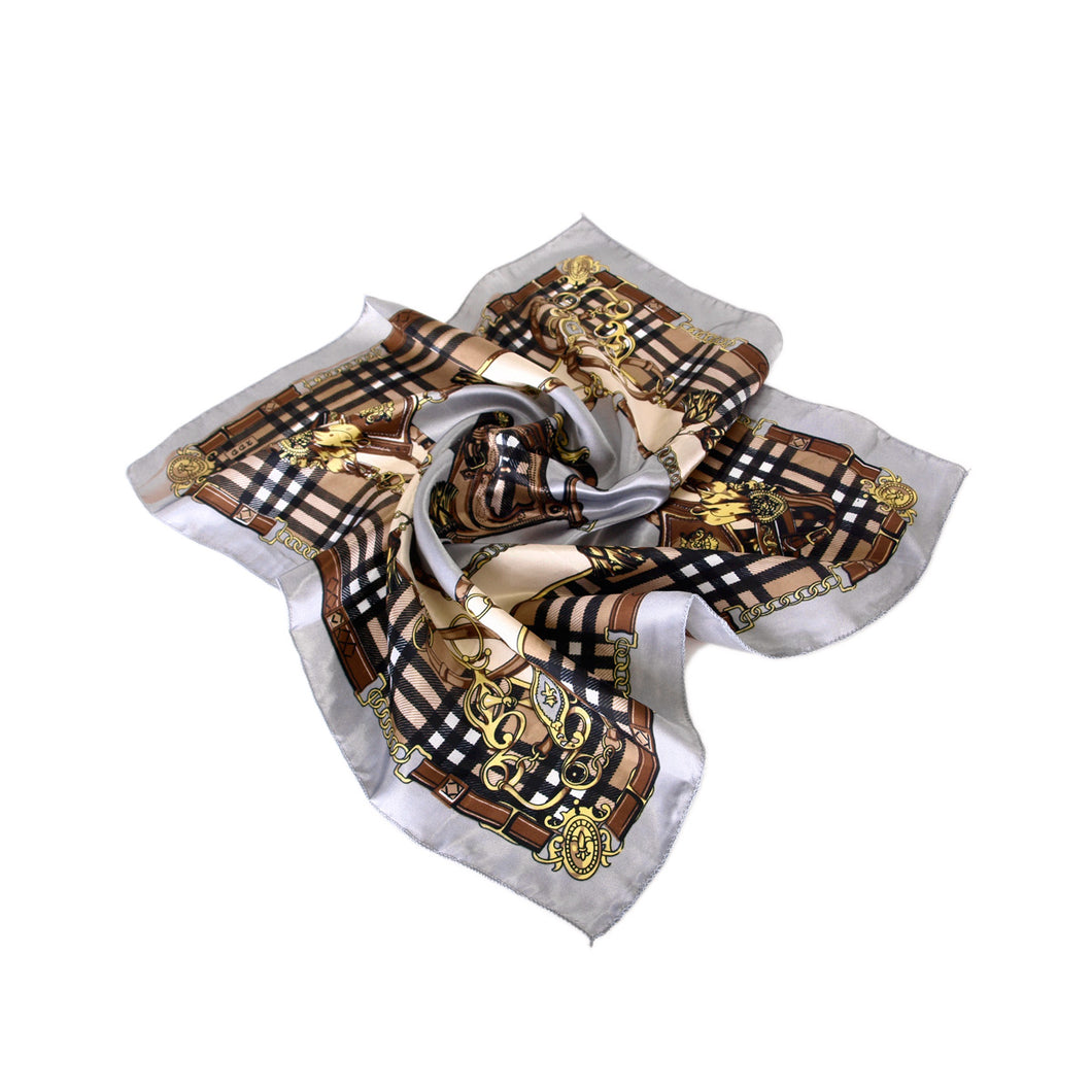 Elegant Silk Feel Plaid with Chains Design Satin Square Scarf