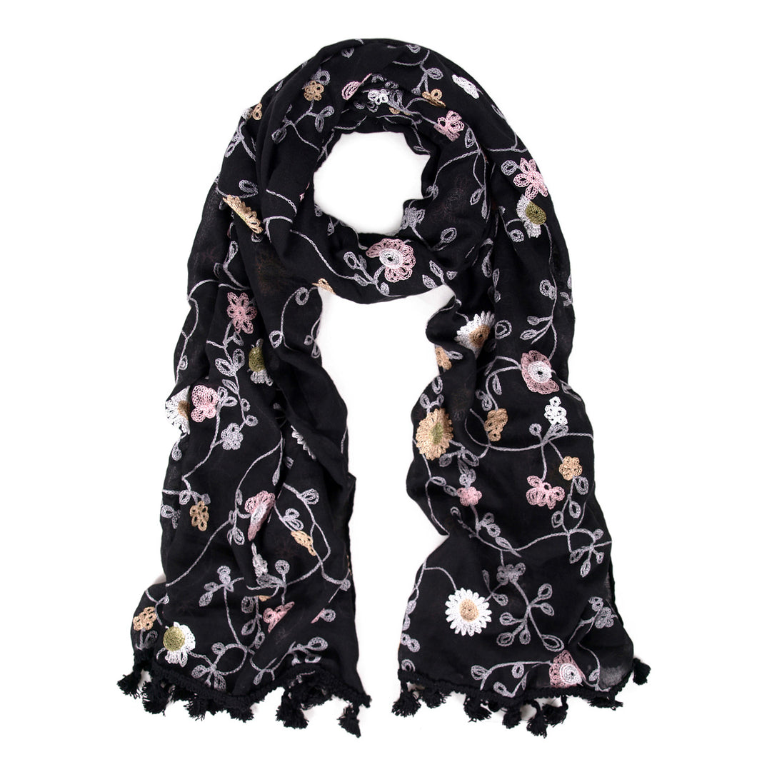 Premium Embroidered Floral Dainty Tassel Hem Scarf Wrap Shawl
