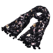 Load image into Gallery viewer, Premium Embroidered Floral Dainty Tassel Hem Scarf Wrap Shawl
