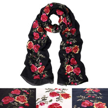 Load image into Gallery viewer, Premium Embroidered Floral Rose Patterned Border Scarf Wrap Shawl
