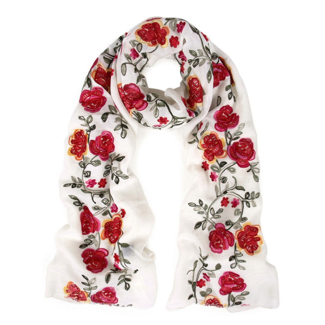 Premium Embroidered Floral Rose Patterned Border Scarf Wrap Shawl